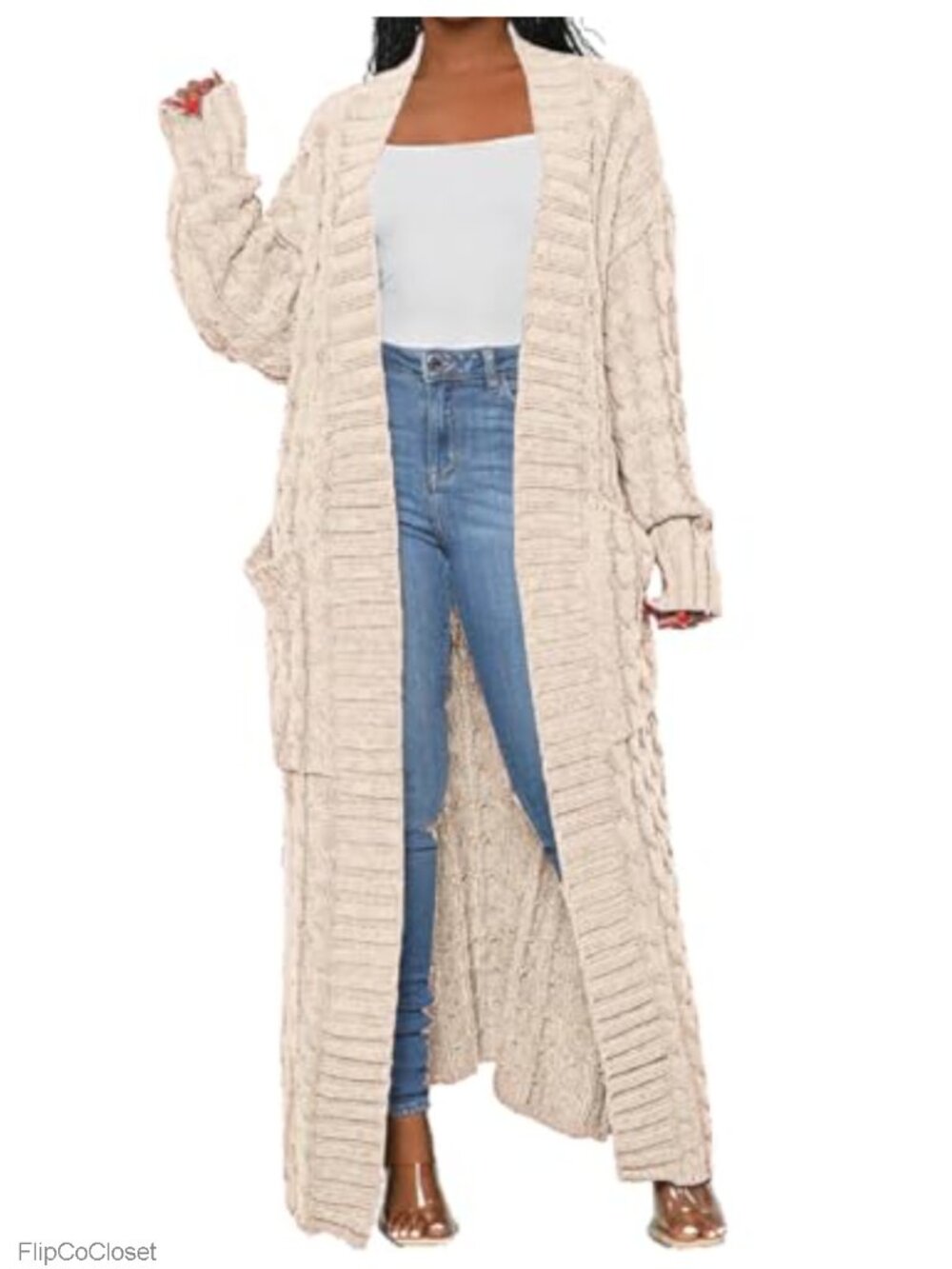 Women's Cable Knit Cardigan, Extra Long Maxi Sweater Coat with Pockets
